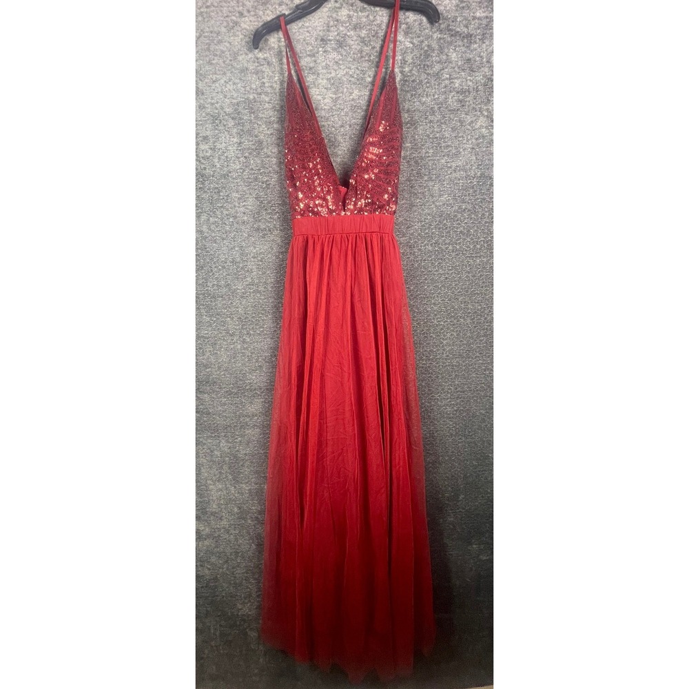 Burgundy Sequin Tulle Maxi Dress Deep V-Neck Formal Evening Gown XL Dark Red